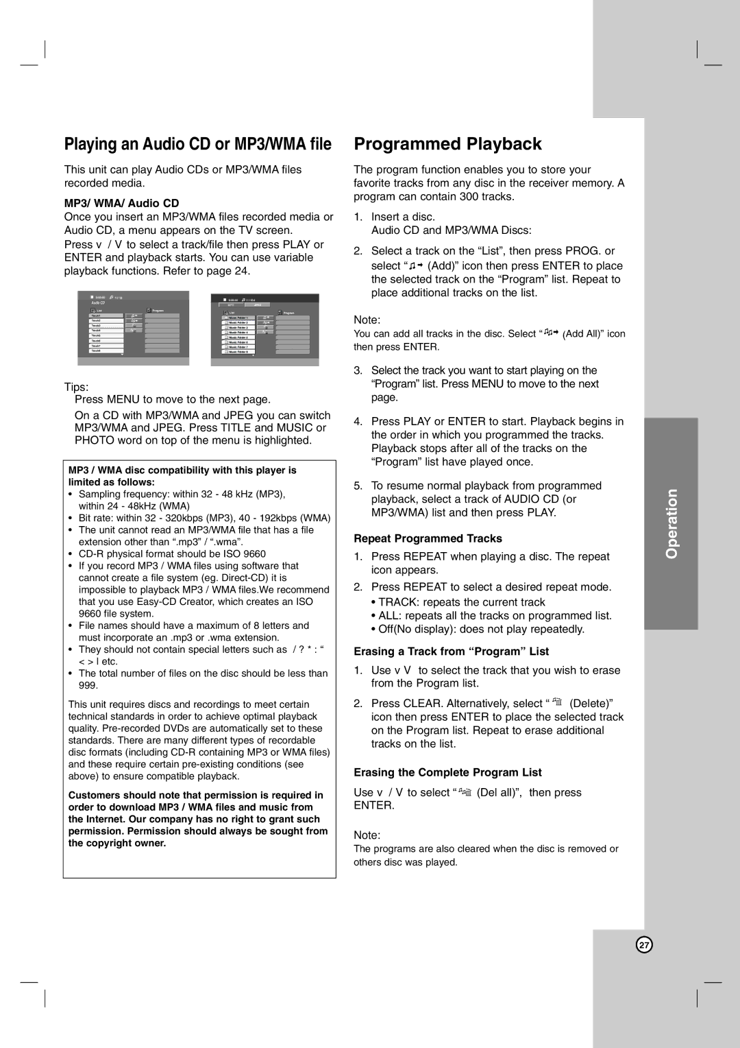 LG Electronics LH-E9674 owner manual Programmed Playback, MP3/ WMA/ Audio CD, Repeat Programmed Tracks 