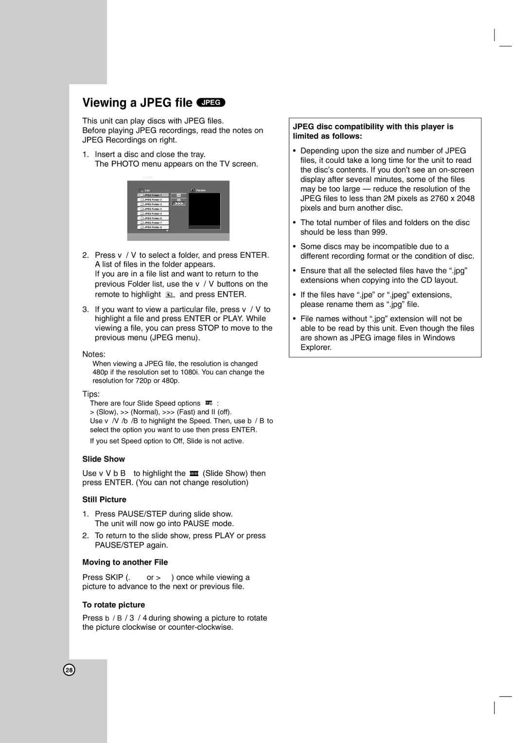 LG Electronics LH-E9674 Viewing a Jpeg file Jpeg, Slide Show, Still Picture, Moving to another File, To rotate picture 