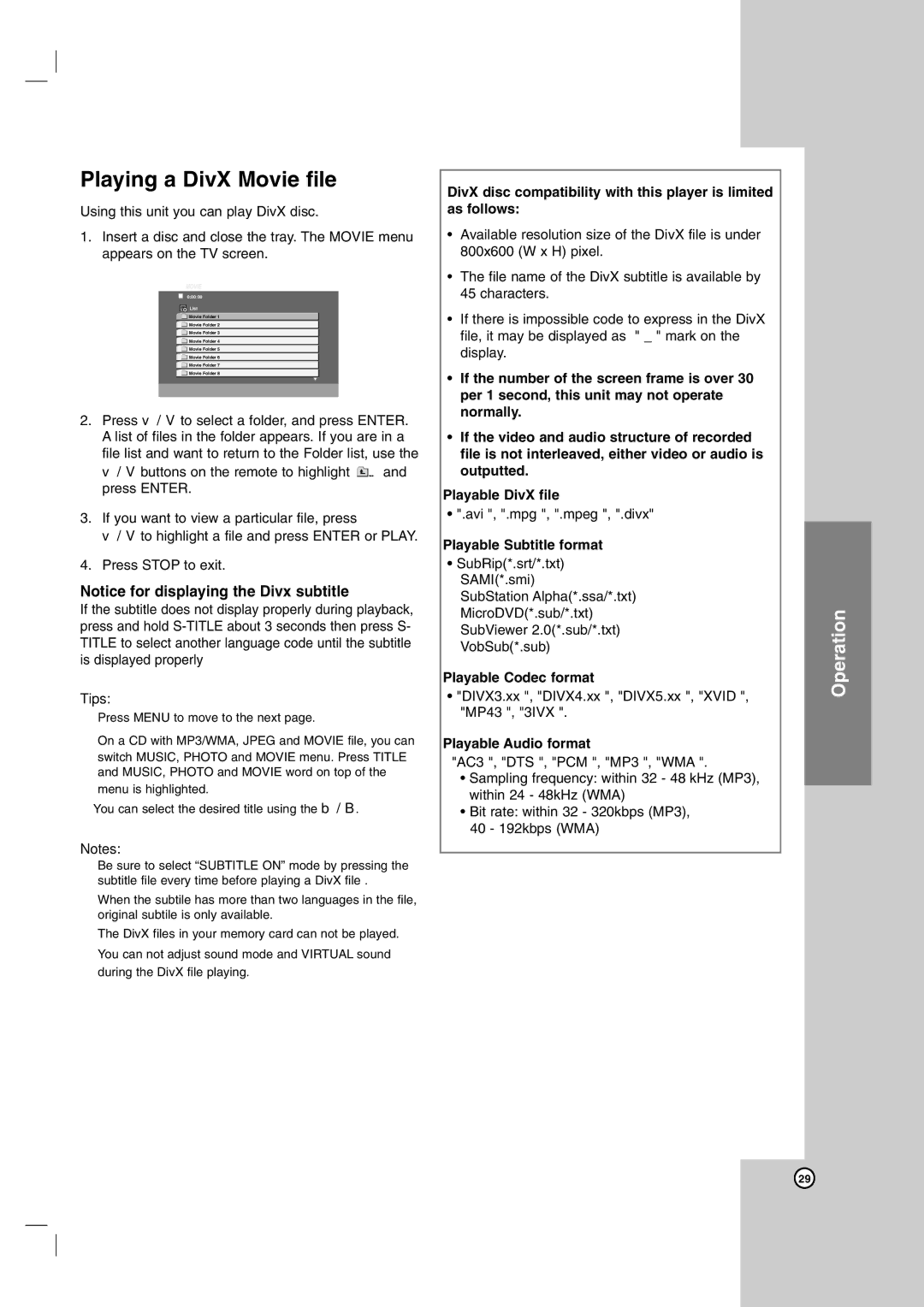 LG Electronics LH-E9674 Playing a DivX Movie file, Playable Subtitle format, Playable Codec format, Playable Audio format 