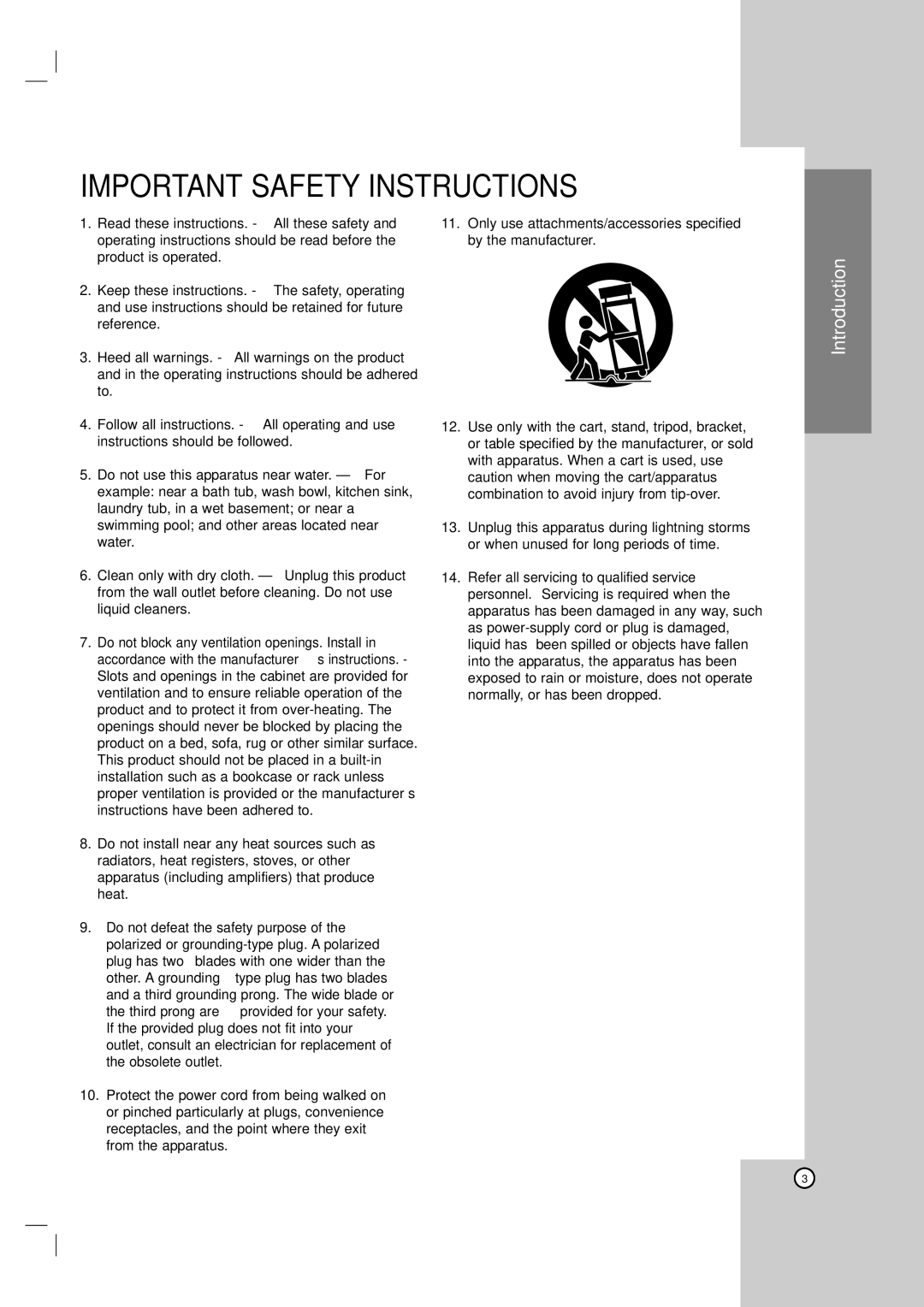 LG Electronics LH-E9674 owner manual Important Safety Instructions 