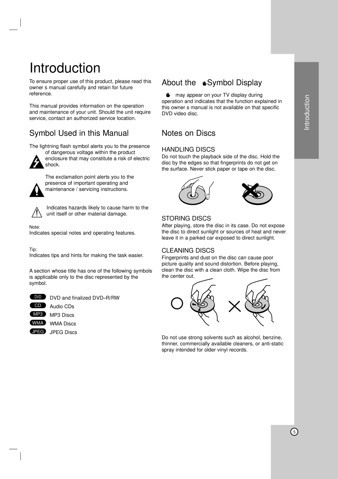 LG Electronics LH-E9674 owner manual Symbol Used in this Manual, About the Symbol Display, Handling Discs, Storing Discs 