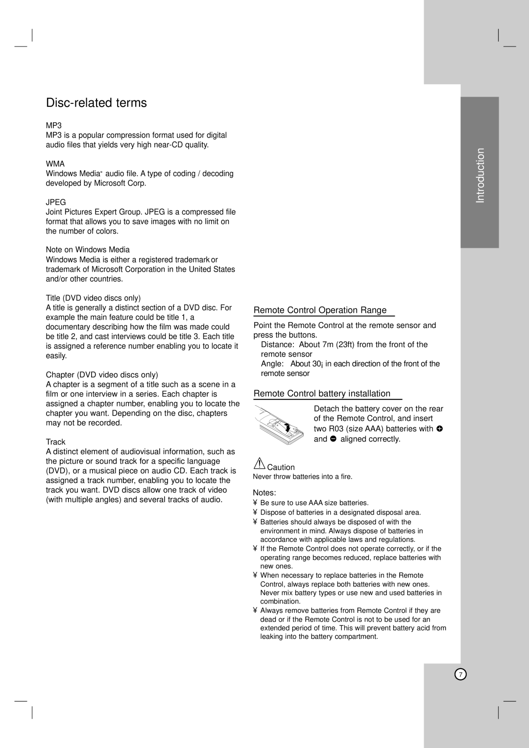 LG Electronics LH-E9674 Disc-related terms, Remote Control Operation Range, Remote Control battery installation 