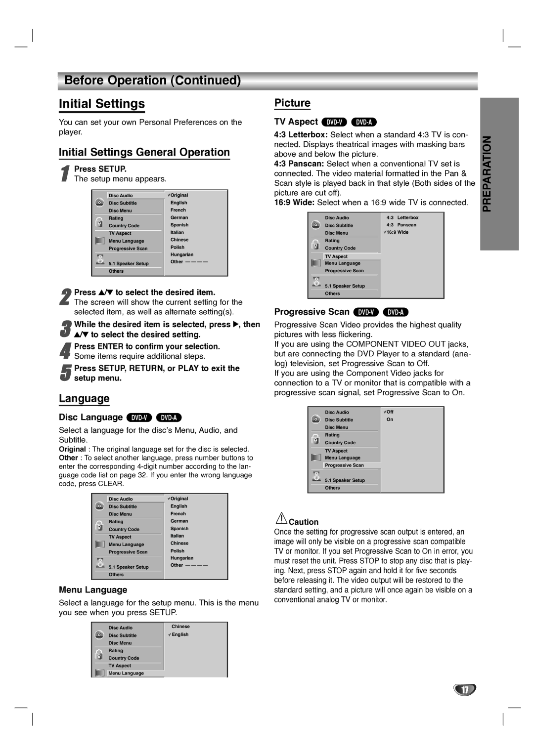 LG Electronics LH-T1000 Before Operation Initial Settings, Initial Settings General Operation, Language, Picture 