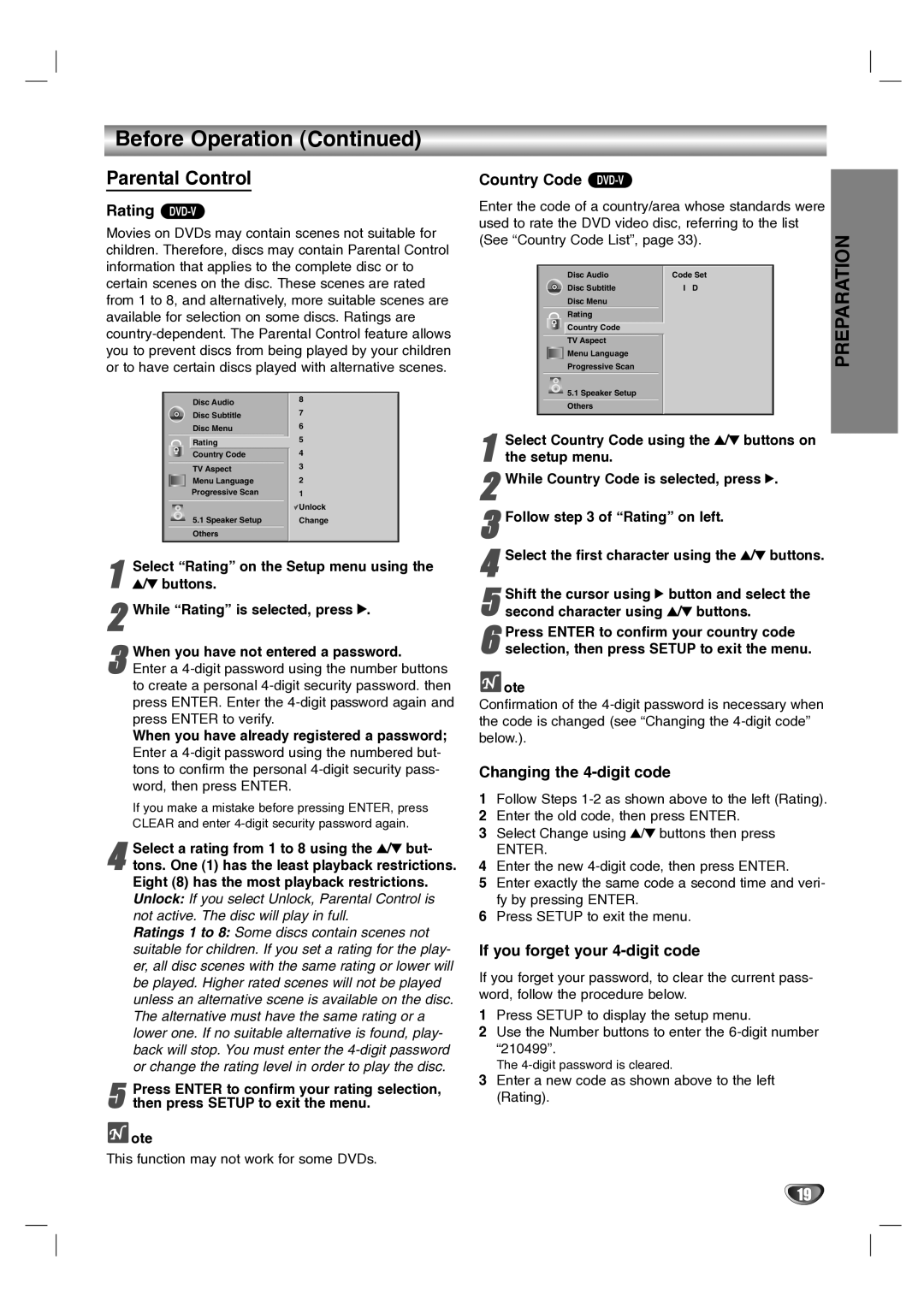 LG Electronics LH-T1000 owner manual Parental Control, Rating DVD-V, Country Code DVD-V, Changing the 4-digit code 