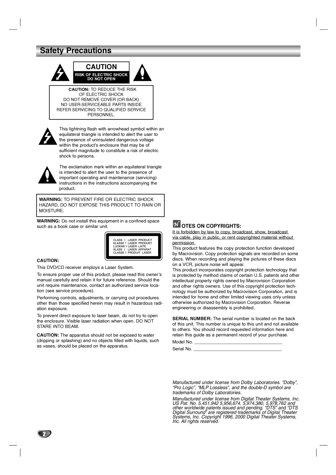 LG Electronics LH-T1000 owner manual Safety Precautions, Otes on Copyrights 