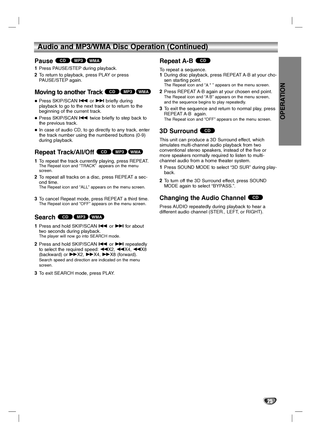 LG Electronics LH-T1000 owner manual Audio and MP3/WMA Disc Operation 