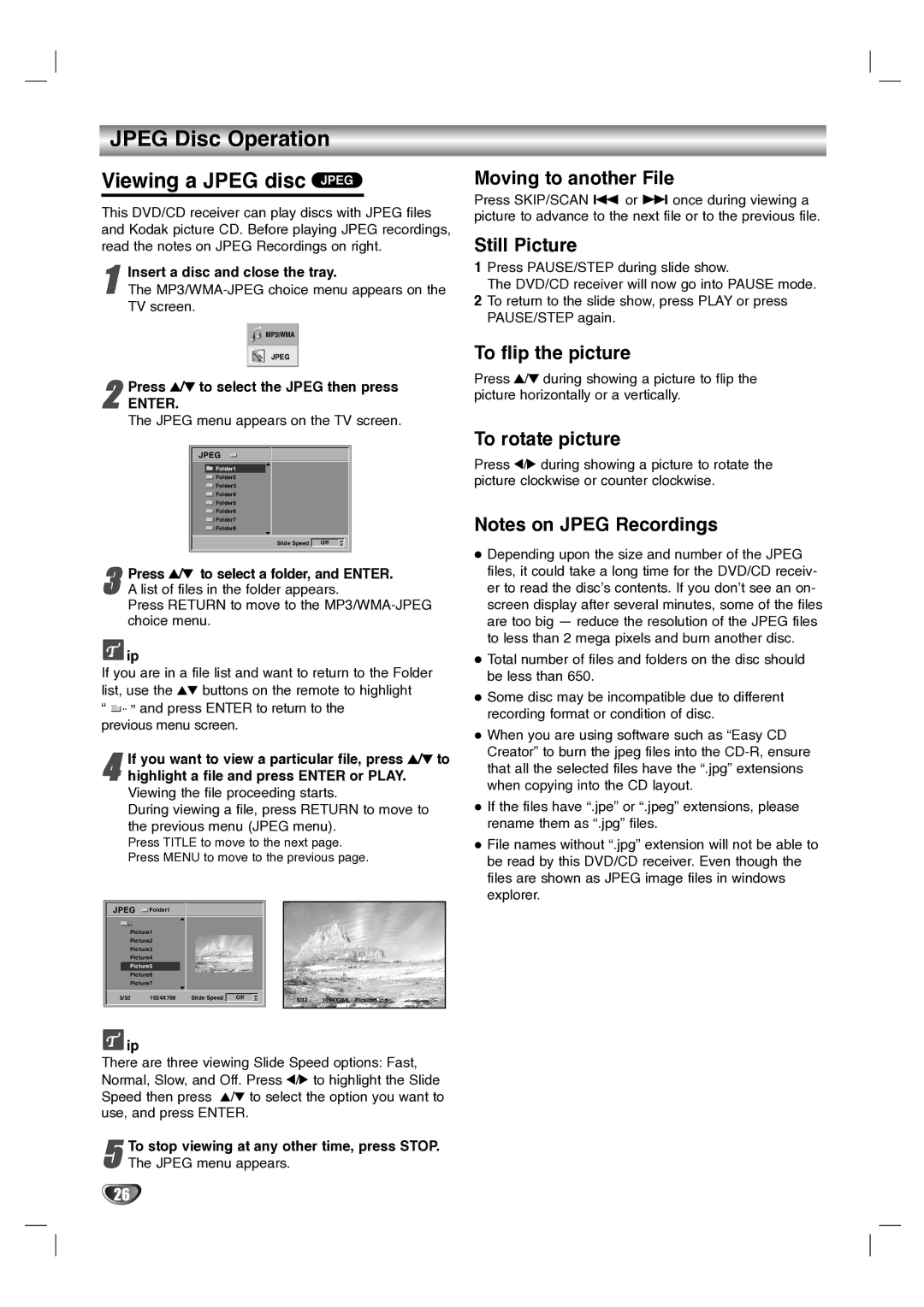 LG Electronics LH-T1000 owner manual Jpeg Disc Operation Viewing a Jpeg disc Jpeg, Moving to another File, Still Picture 