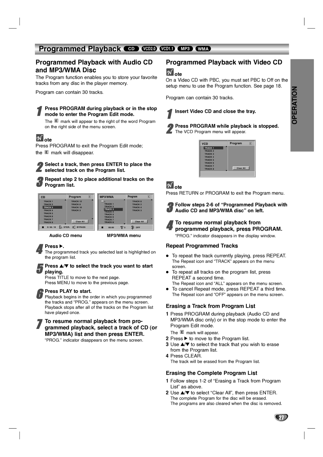 LG Electronics LH-T1000 owner manual Programmed Playback with Audio CD and MP3/WMA Disc, Programmed Playback with Video CD 