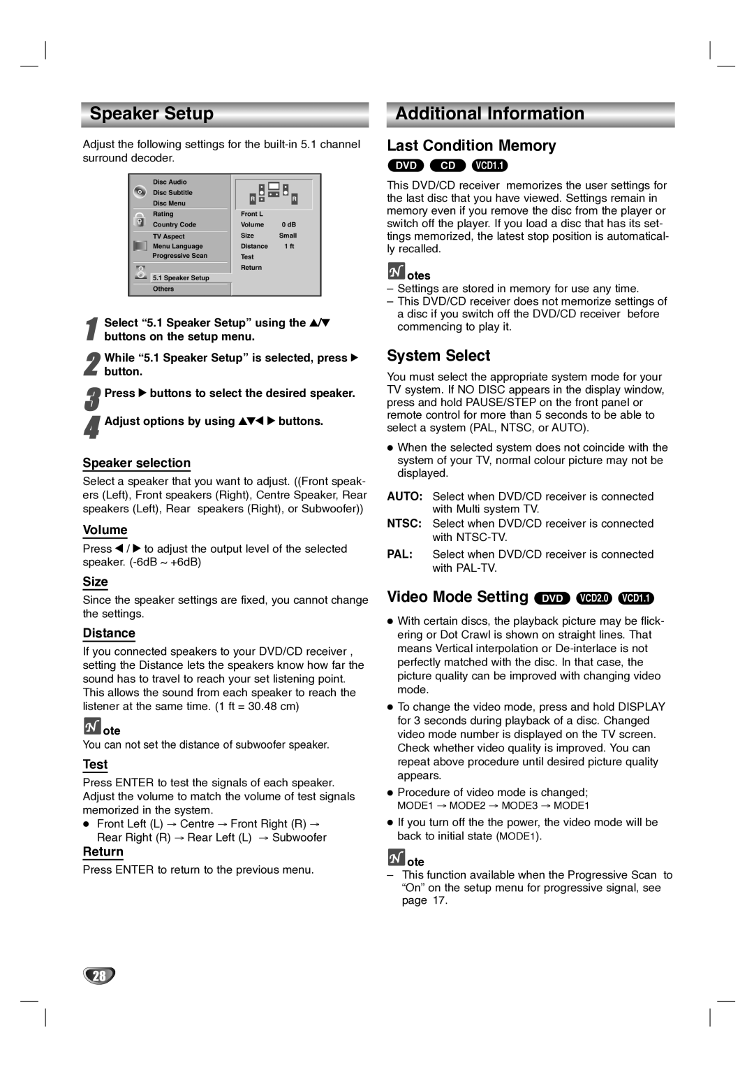 LG Electronics LH-T1000 owner manual Speaker Setup, Additional Information, Last Condition Memory, System Select 