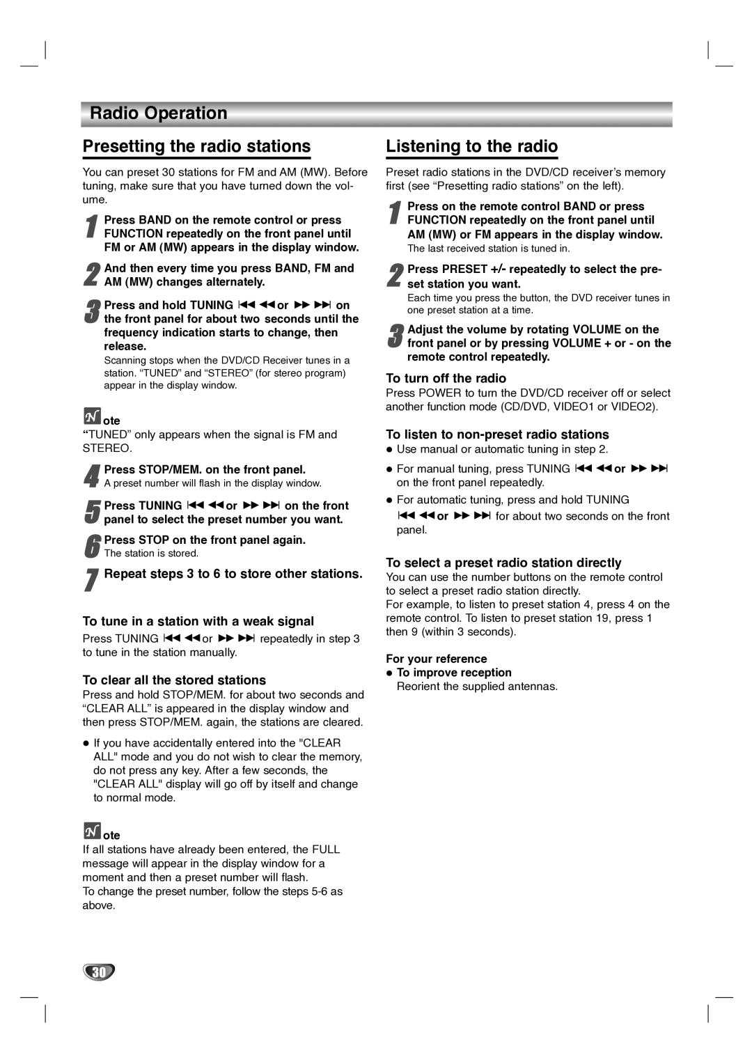 LG Electronics LH-T1000 owner manual Radio Operation Presetting the radio stations, Listening to the radio 