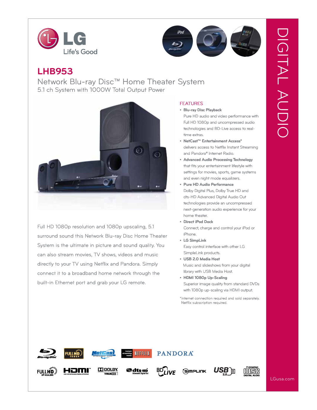 LG Electronics LHB953 manual Digital Audio, Network Blu-rayDisc Home Theater System, Features, LGusa.com, Direct iPod Dock 