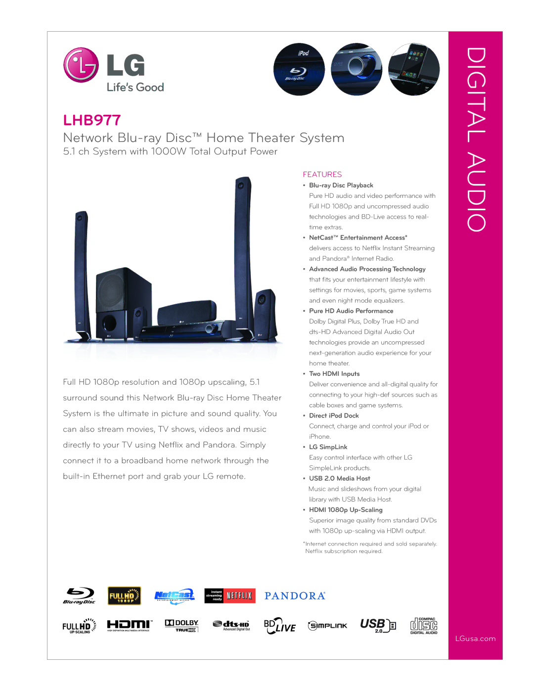 LG Electronics LHB977 manual Blu-ray Disc Playback, NetCast Entertainment Access, Advanced Audio Processing Technology 