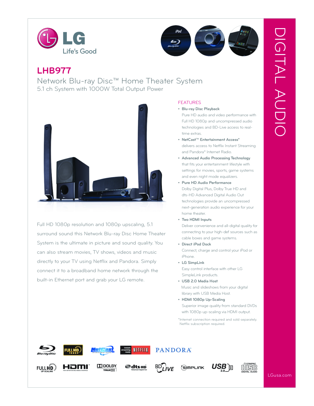 LG Electronics LHB977 manual Digital Audio, Network Blu-rayDisc Home Theater System, Features, Blu-rayDisc Playback 