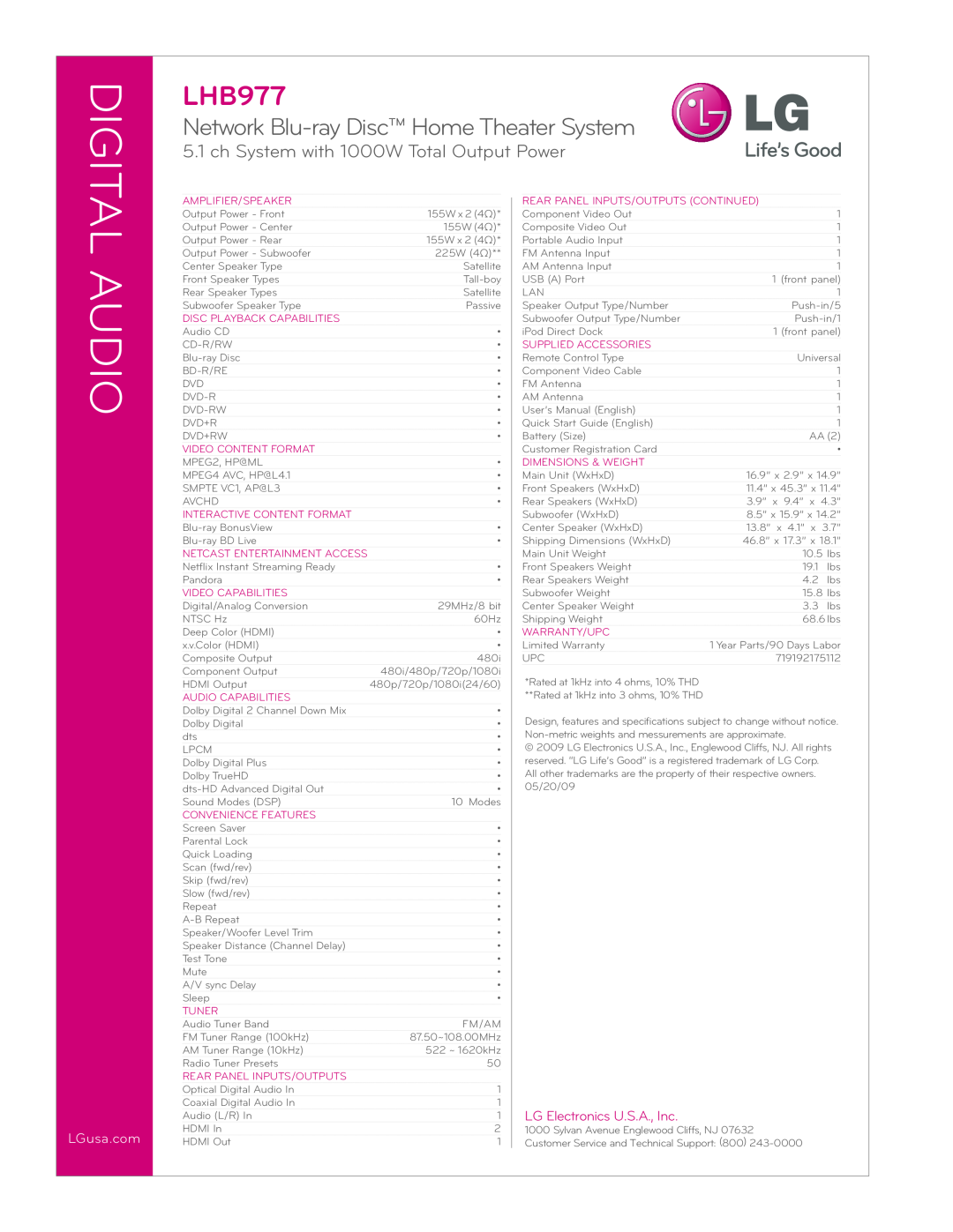LG Electronics LHB977 manual Audio, LG Electronics U.S.A., Inc, Digital, Network Blu-rayDisc Home Theater System 