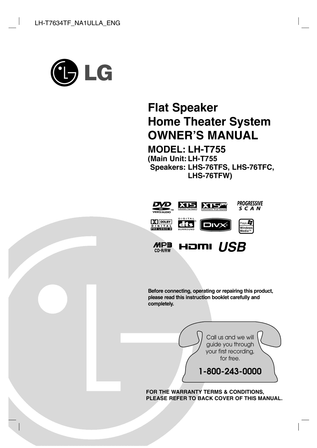 LG Electronics LH-T7634TF, LHS-76TFW owner manual Usb, Main Unit LH-T755 Speakers LHS-76TFS, LHS-76TFC 