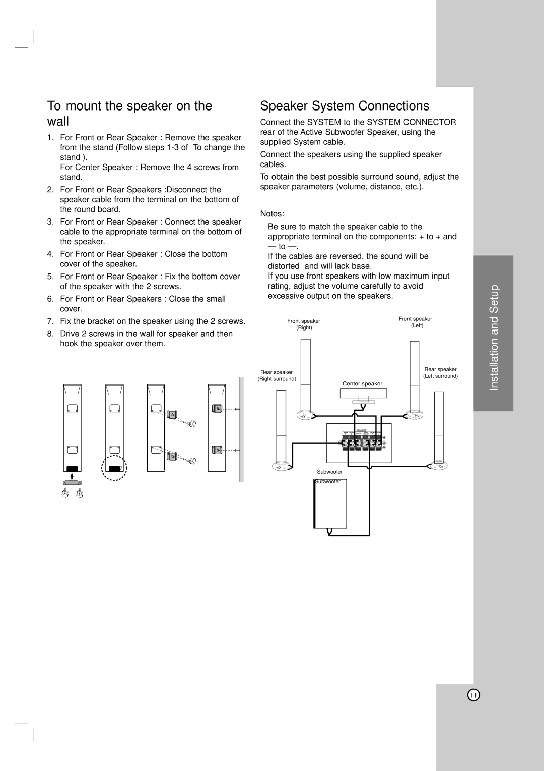 LG Electronics LH-T7634TF, LHS-76TFW, LHS-76TFC, LH-T755 To mount the speaker on the wall, Speaker System Connections 