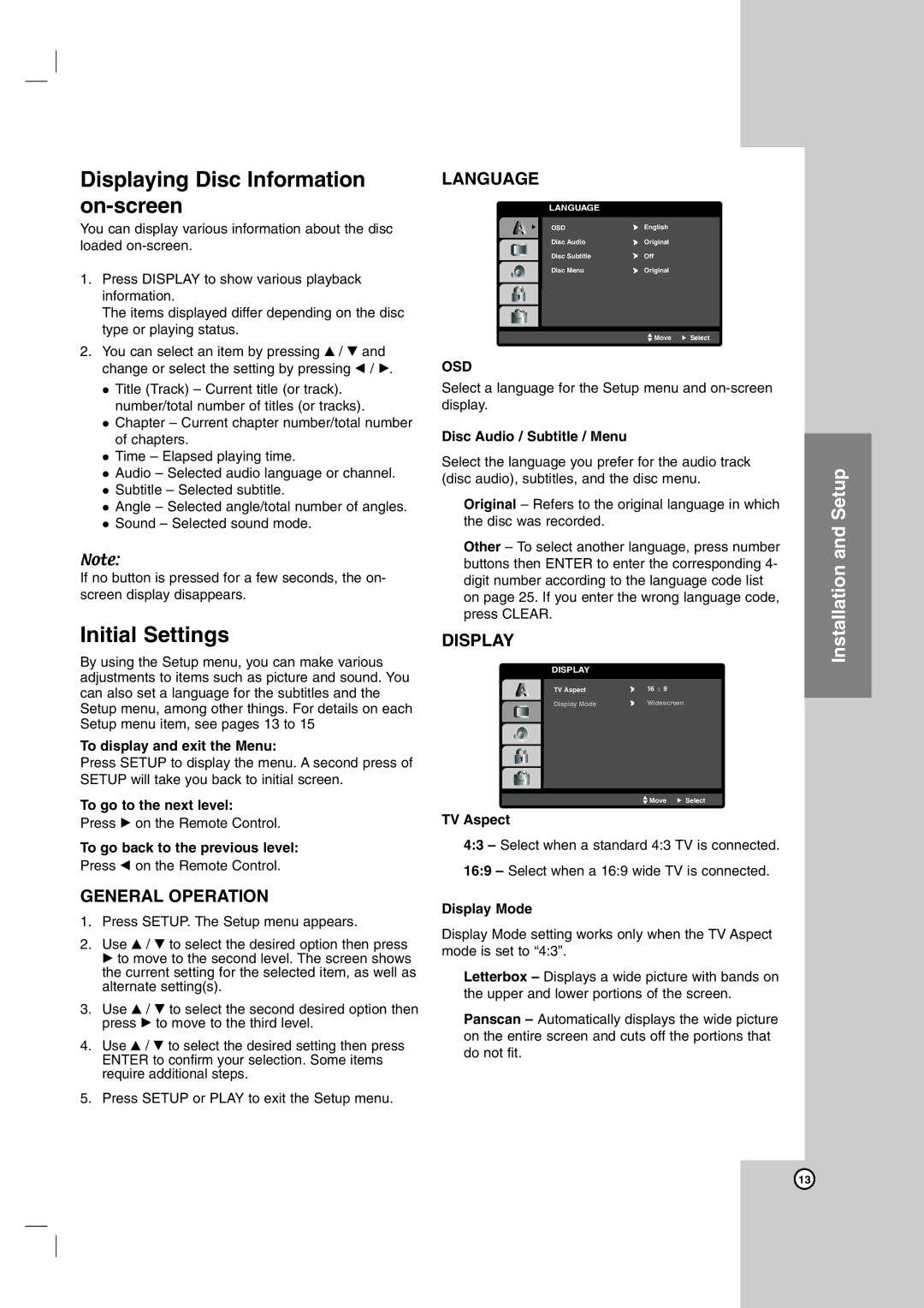 LG Electronics LH-T755, LHS-76TFW, LH-T7634TF, LHS-76TFC Displaying Disc Information on-screen, Initial Settings, Osd 