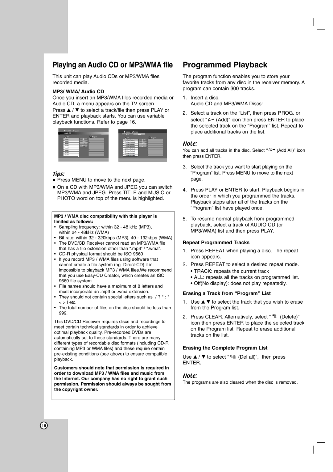 LG Electronics LH-T755, LHS-76TFW, LH-T7634TF, LHS-76TFC Programmed Playback, MP3/ WMA/ Audio CD, Repeat Programmed Tracks 