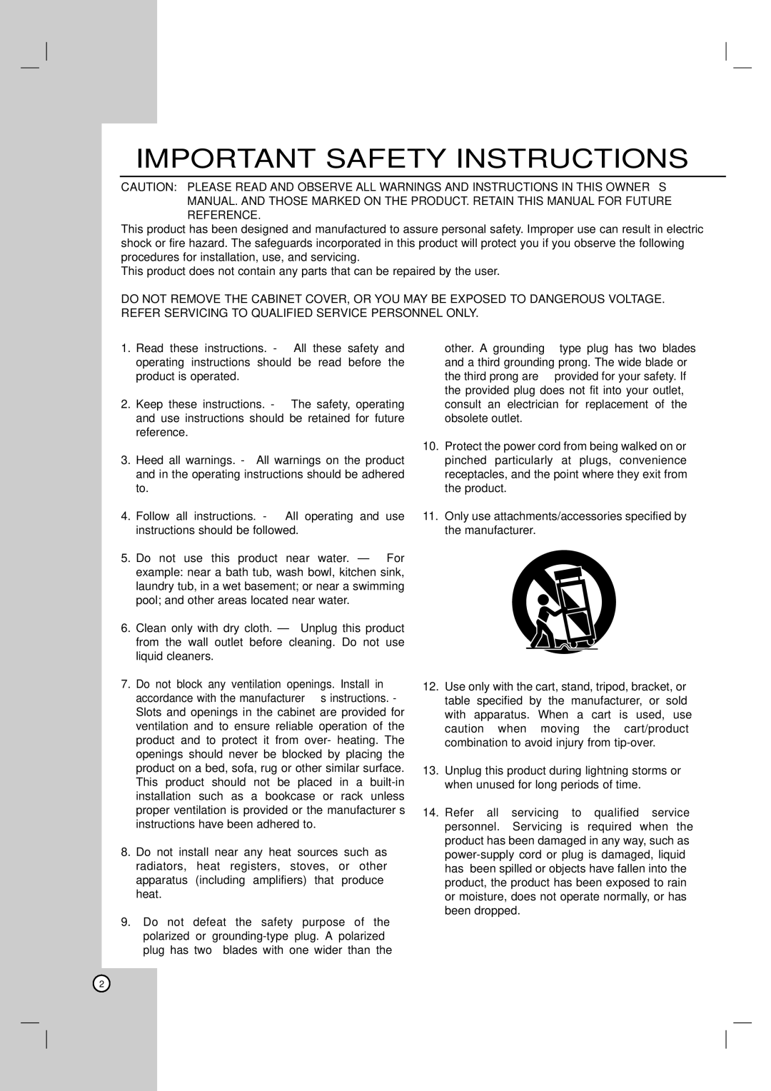 LG Electronics LHS-76TFC, LHS-76TFW, LH-T7634TF, LH-T755, LHS-76TFS owner manual Important Safety Instructions 