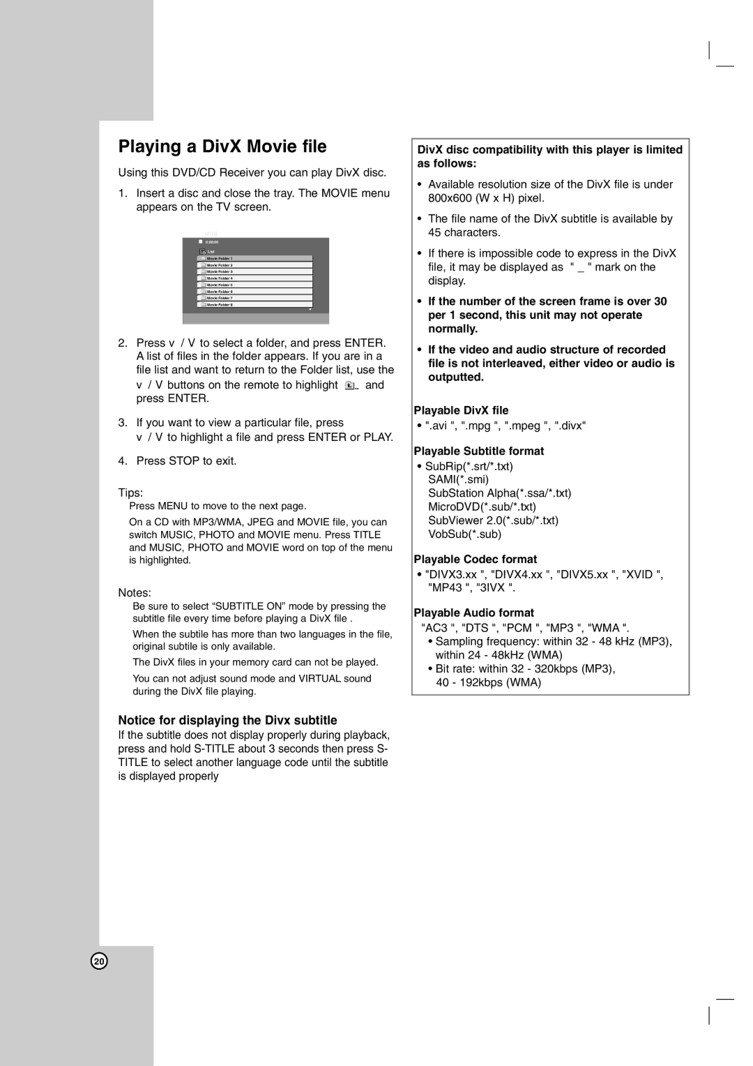 LG Electronics LHS-76TFW Playing a DivX Movie file, Playable Subtitle format, Playable Codec format, Playable Audio format 