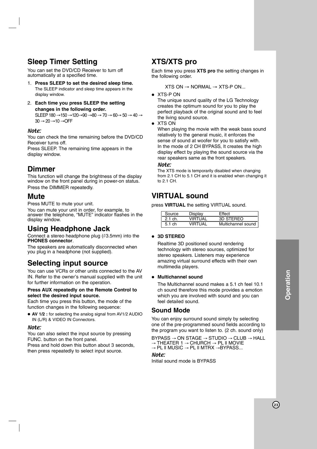 LG Electronics LH-T755 Sleep Timer Setting, Dimmer, Mute, Using Headphone Jack, Selecting input source, XTS/XTS pro 