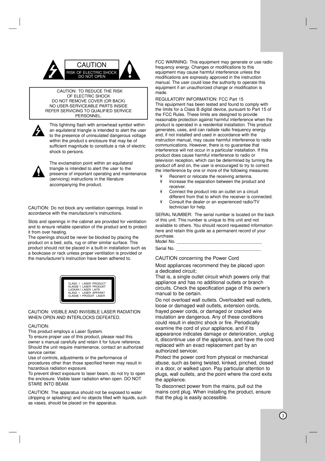 LG Electronics LH-T755, LHS-76TFW, LH-T7634TF, LHS-76TFC, LHS-76TFS owner manual Regulatory Information FCC Part 