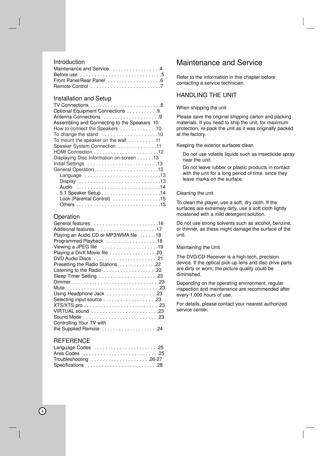 LG Electronics LHS-76TFS, LHS-76TFW, LH-T7634TF, LHS-76TFC, LH-T755 owner manual Maintenance and Service 