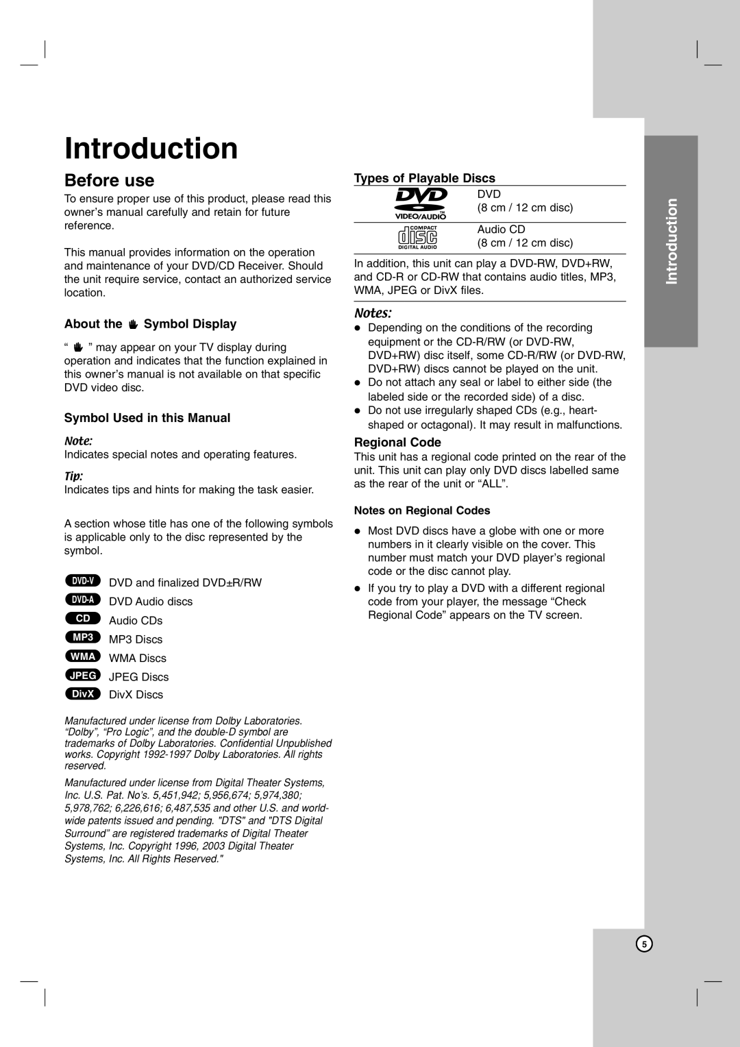 LG Electronics LHS-76TFW Before use, About the Symbol Display Symbol Used in this Manual, Types of Playable Discs, Dvd 