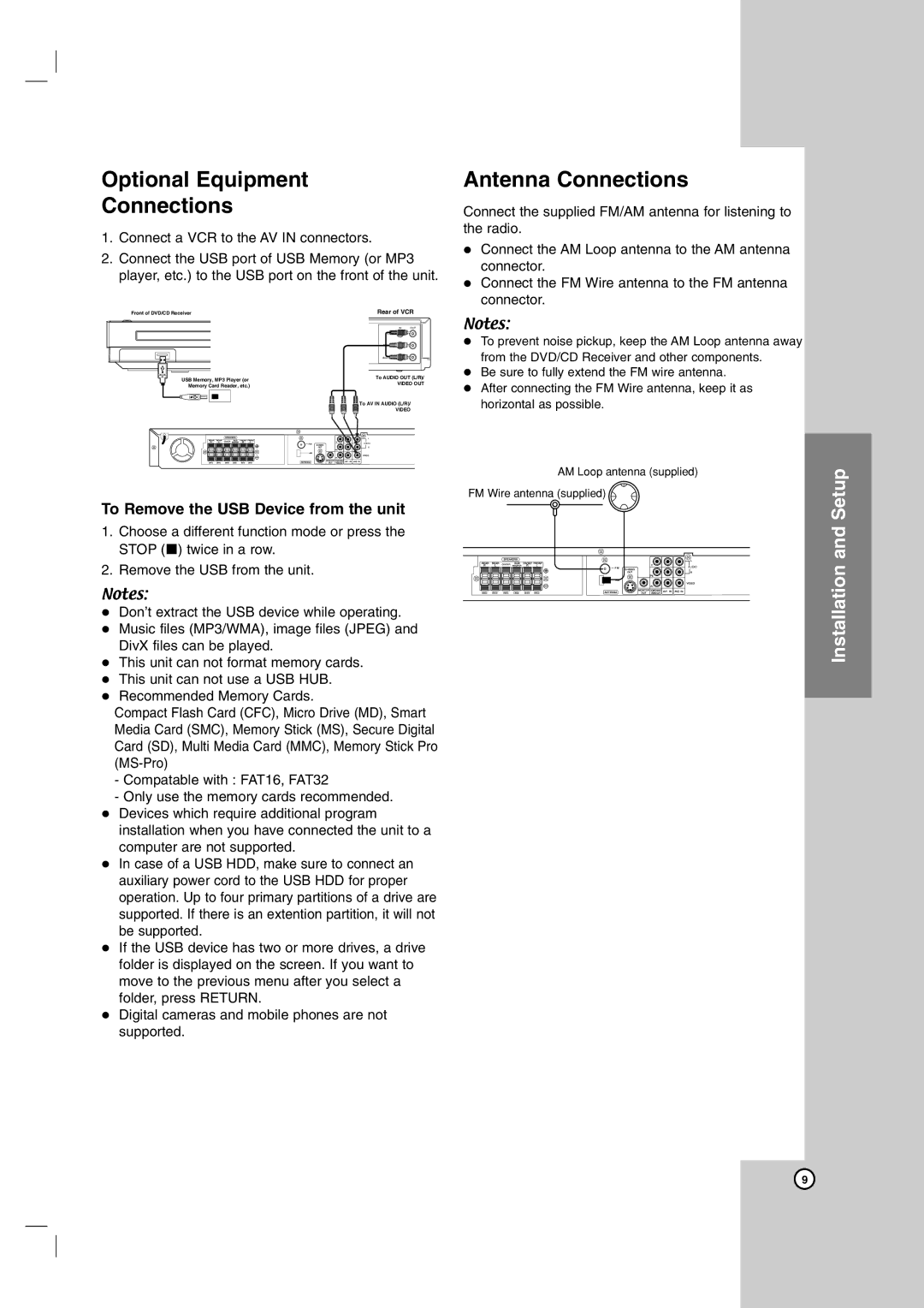 LG Electronics LHS-76TFS Optional Equipment Connections, Antenna Connections, To Remove the USB Device from the unit 