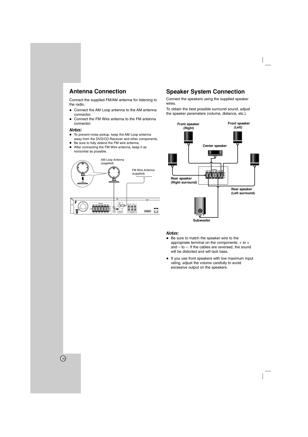 LG Electronics LHT734 owner manual Antenna Connection, Speaker System Connection 