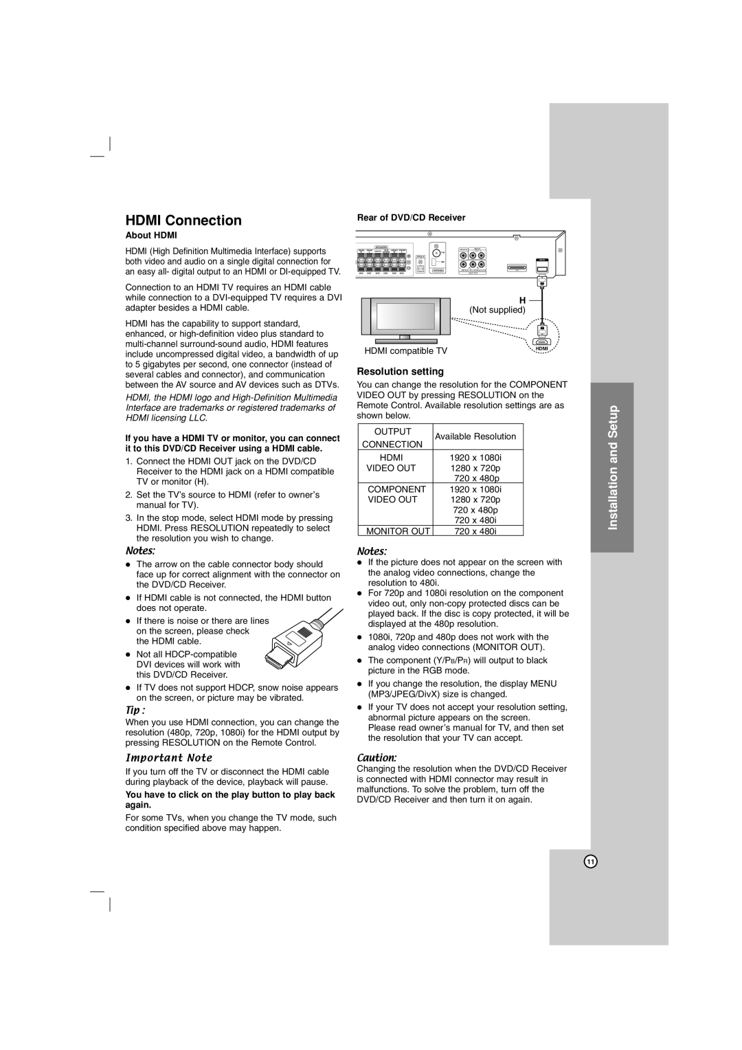 LG Electronics LHT734 owner manual Hdmi Connection, Resolution setting, About Hdmi, Not supplied 