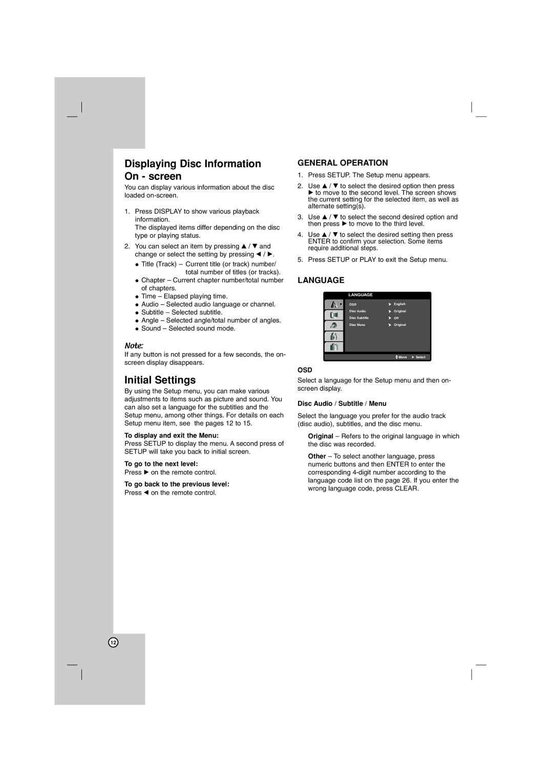 LG Electronics LHT734 owner manual Displaying Disc Information On screen, Initial Settings, Osd 