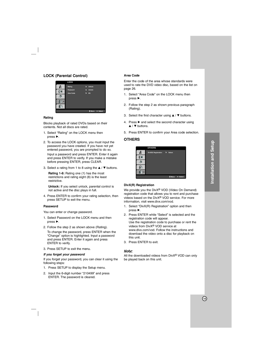 LG Electronics LHT734 owner manual Rating, Password, Area Code, DivXR Registration 