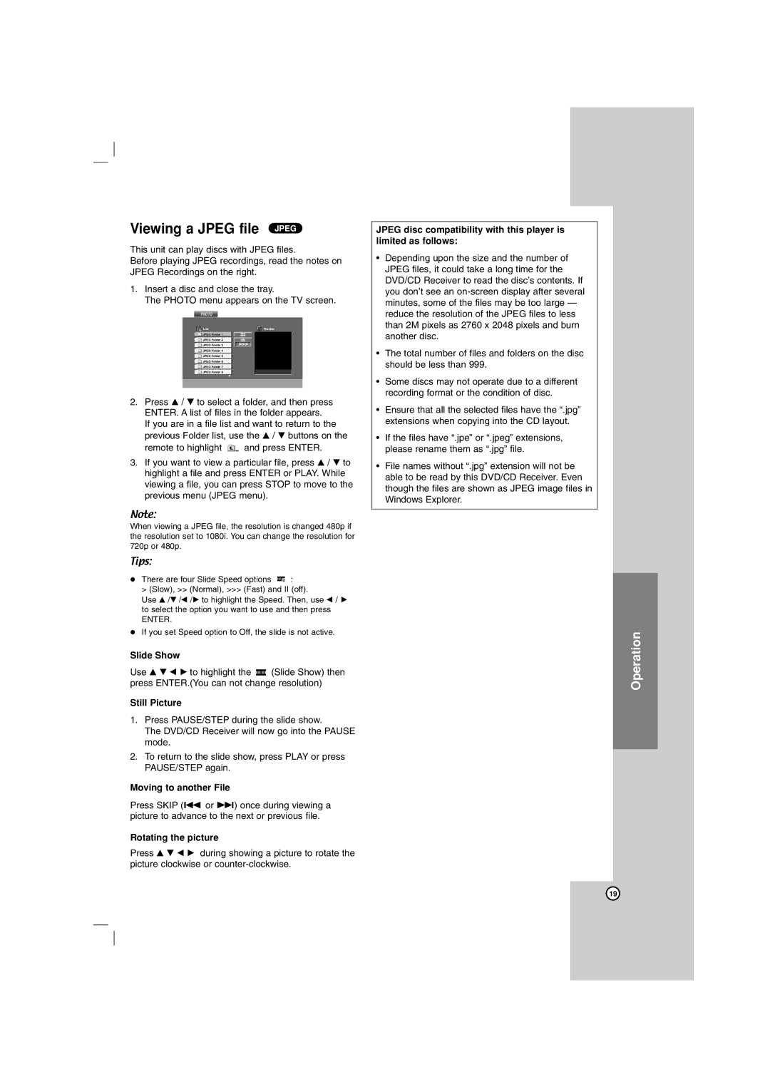 LG Electronics LHT734 Viewing a Jpeg file Jpeg, Slide Show, Still Picture, Moving to another File, Rotating the picture 