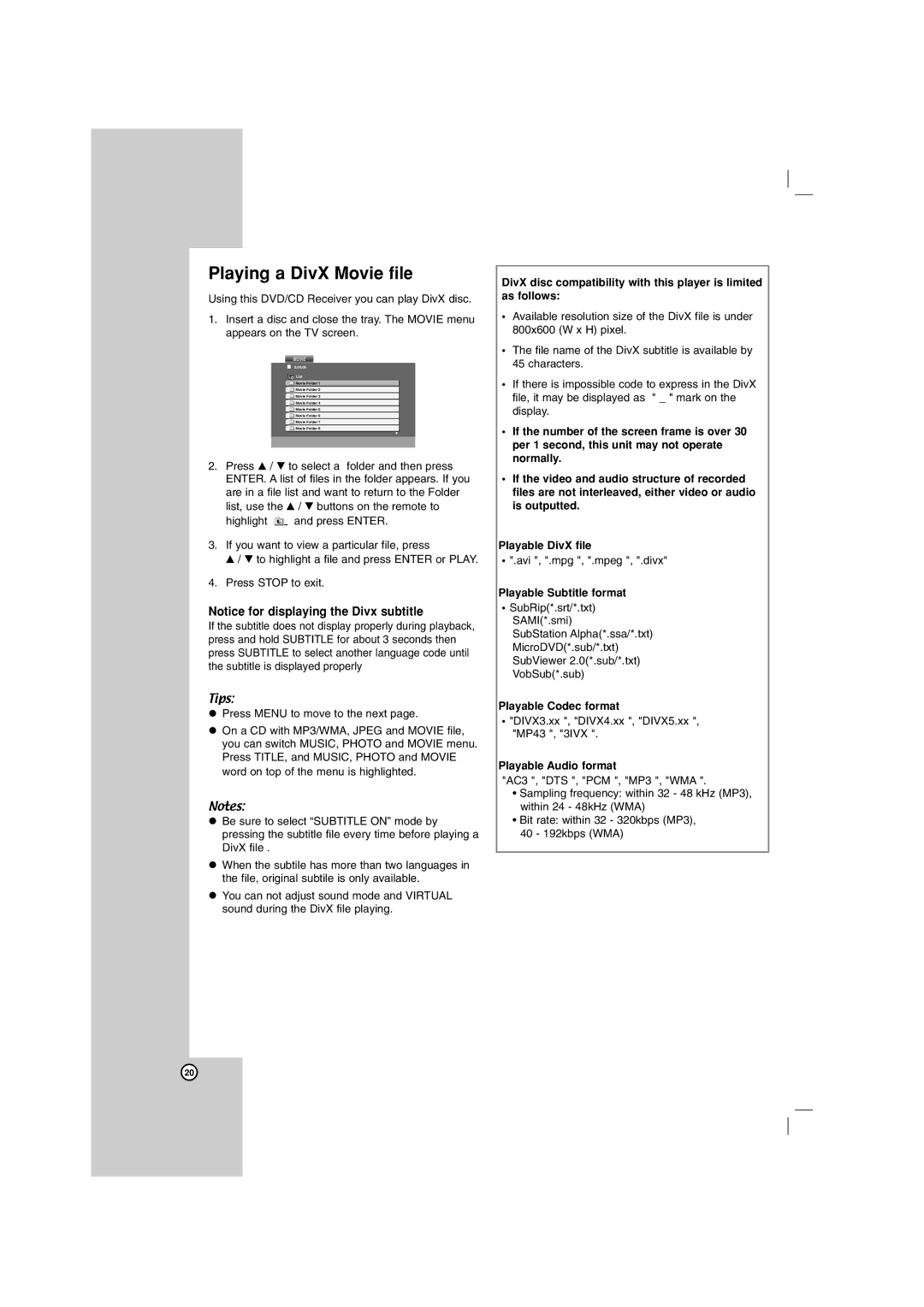 LG Electronics LHT734 Playing a DivX Movie file, Playable Subtitle format, Playable Codec format, Playable Audio format 