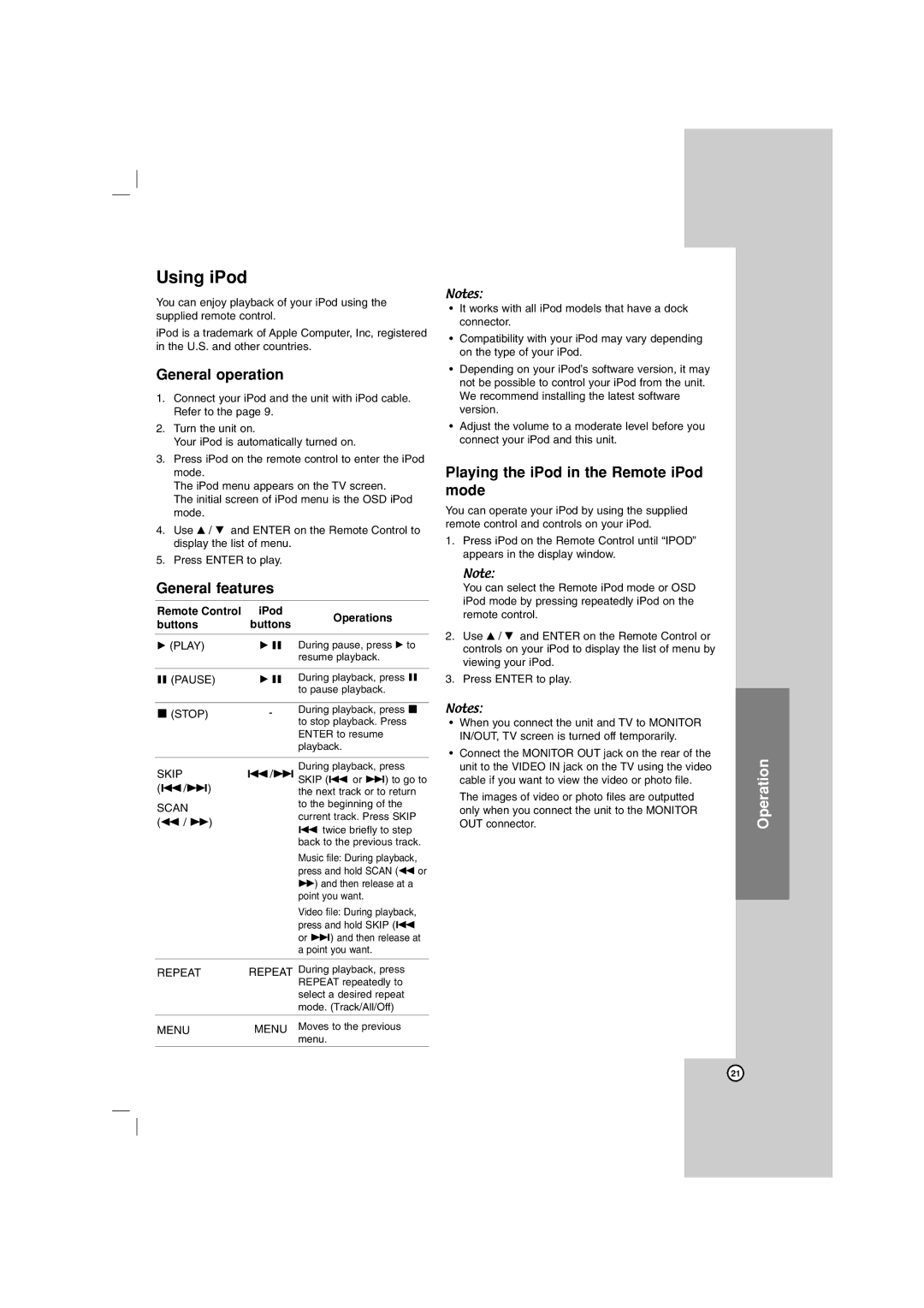 LG Electronics LHT734 owner manual Using iPod, Remote Control, Operations, Buttons 