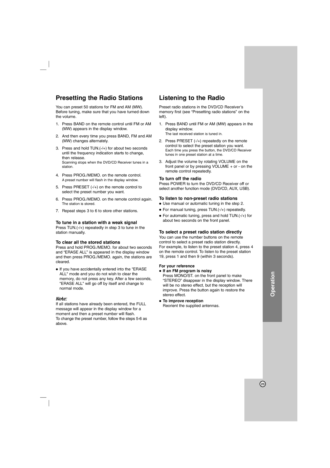 LG Electronics LHT734 owner manual Presetting the Radio Stations, Listening to the Radio 