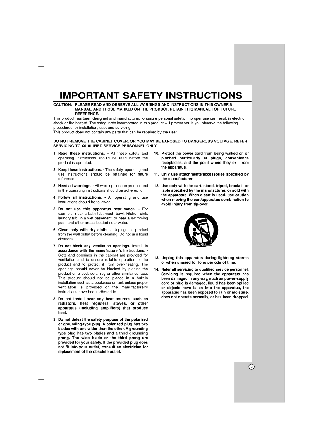 LG Electronics LHT734 owner manual Important Safety Instructions 