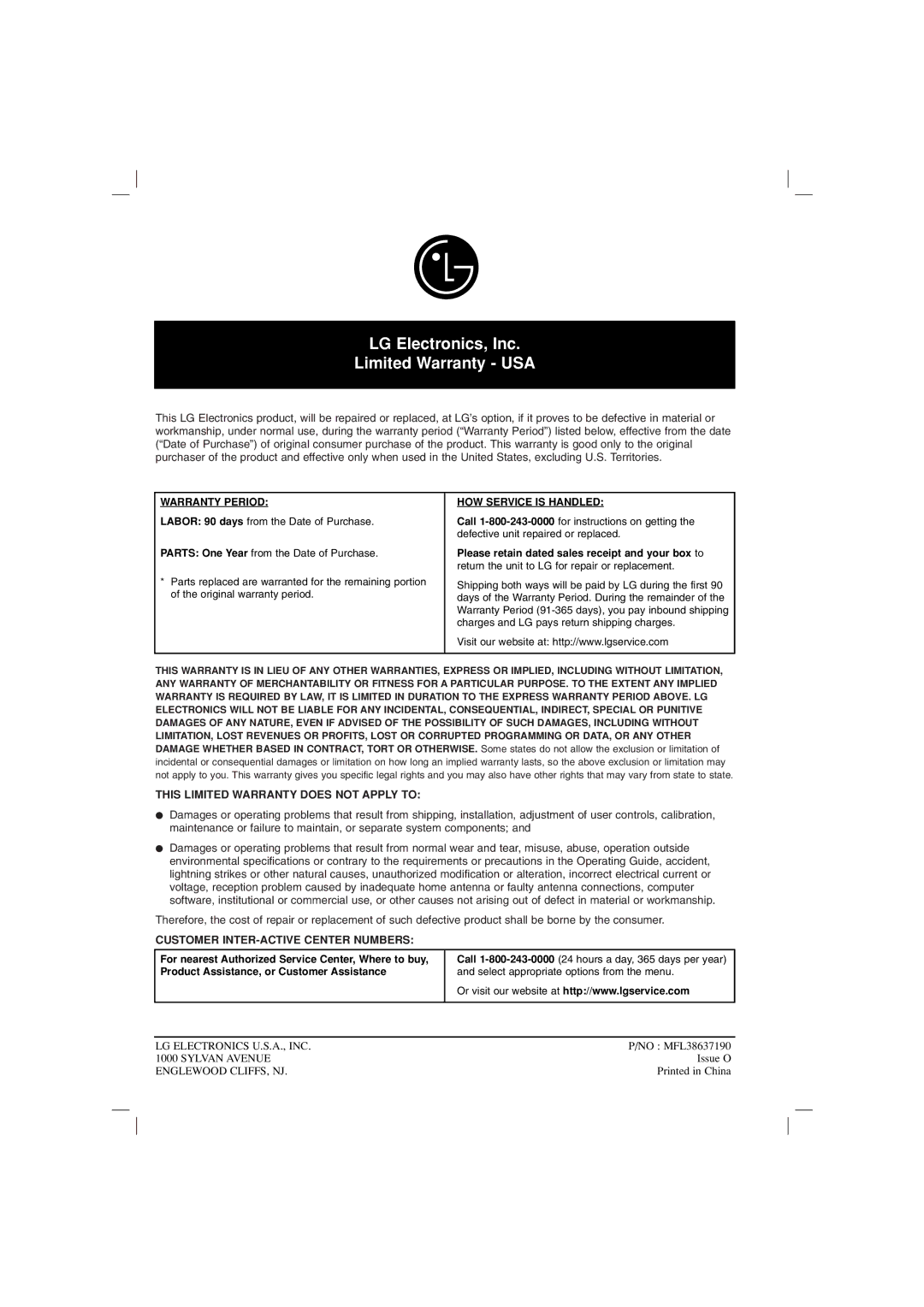 LG Electronics LHT734 owner manual This Limited Warranty does not Apply to, Customer INTER-ACTIVE Center Numbers 