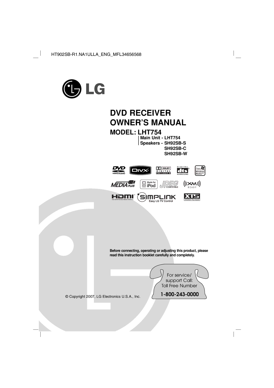 LG Electronics LG DVD Receiver, LHT754 owner manual 