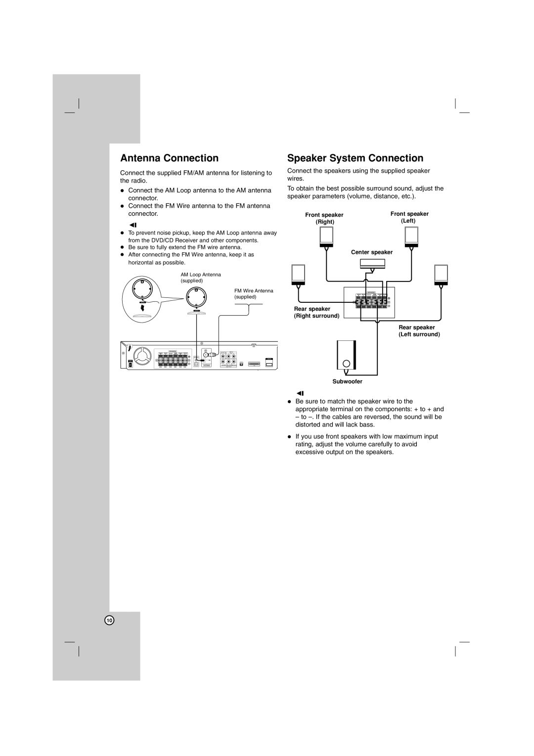 LG Electronics LHT754, LG DVD Receiver Antenna Connection, Speaker System Connection, Left, Center speaker, Subwoofer 