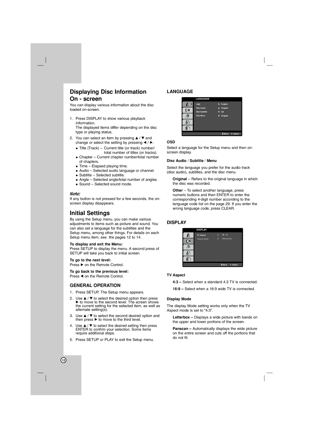 LG Electronics LHT754, LG DVD Receiver owner manual Displaying Disc Information On screen, Initial Settings, Osd 