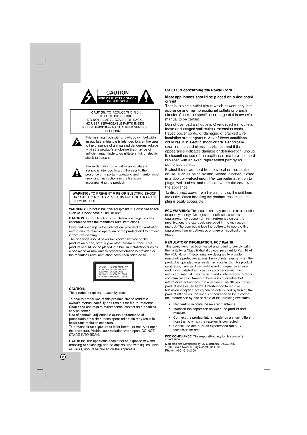 LG Electronics LHT754 owner manual Most appliances should be placed on a dedicated circuit, Regulatory Information FCC Part 