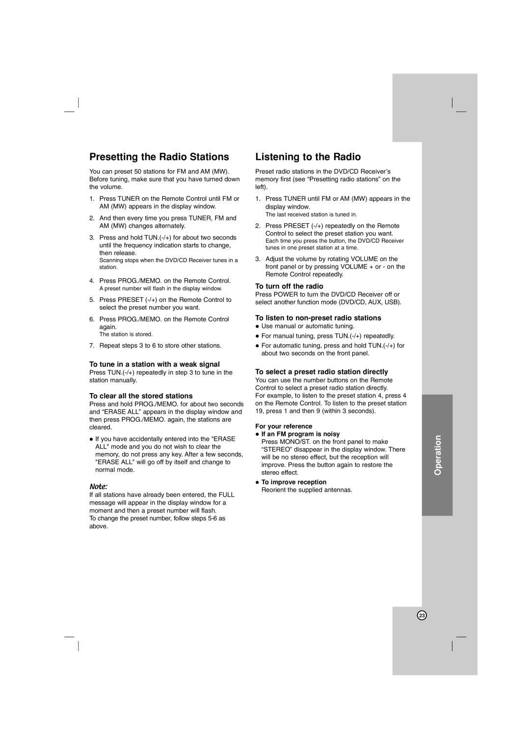 LG Electronics LG DVD Receiver, LHT754 owner manual Presetting the Radio Stations, Listening to the Radio 