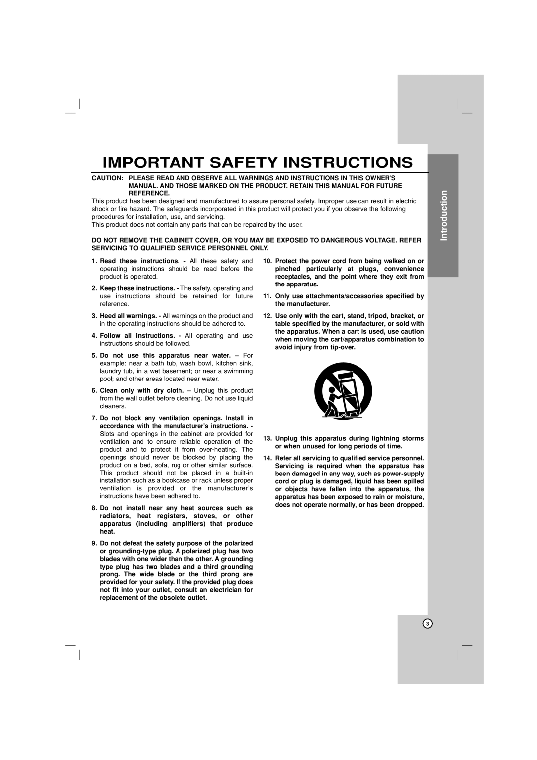 LG Electronics LG DVD Receiver, LHT754 owner manual Important Safety Instructions 