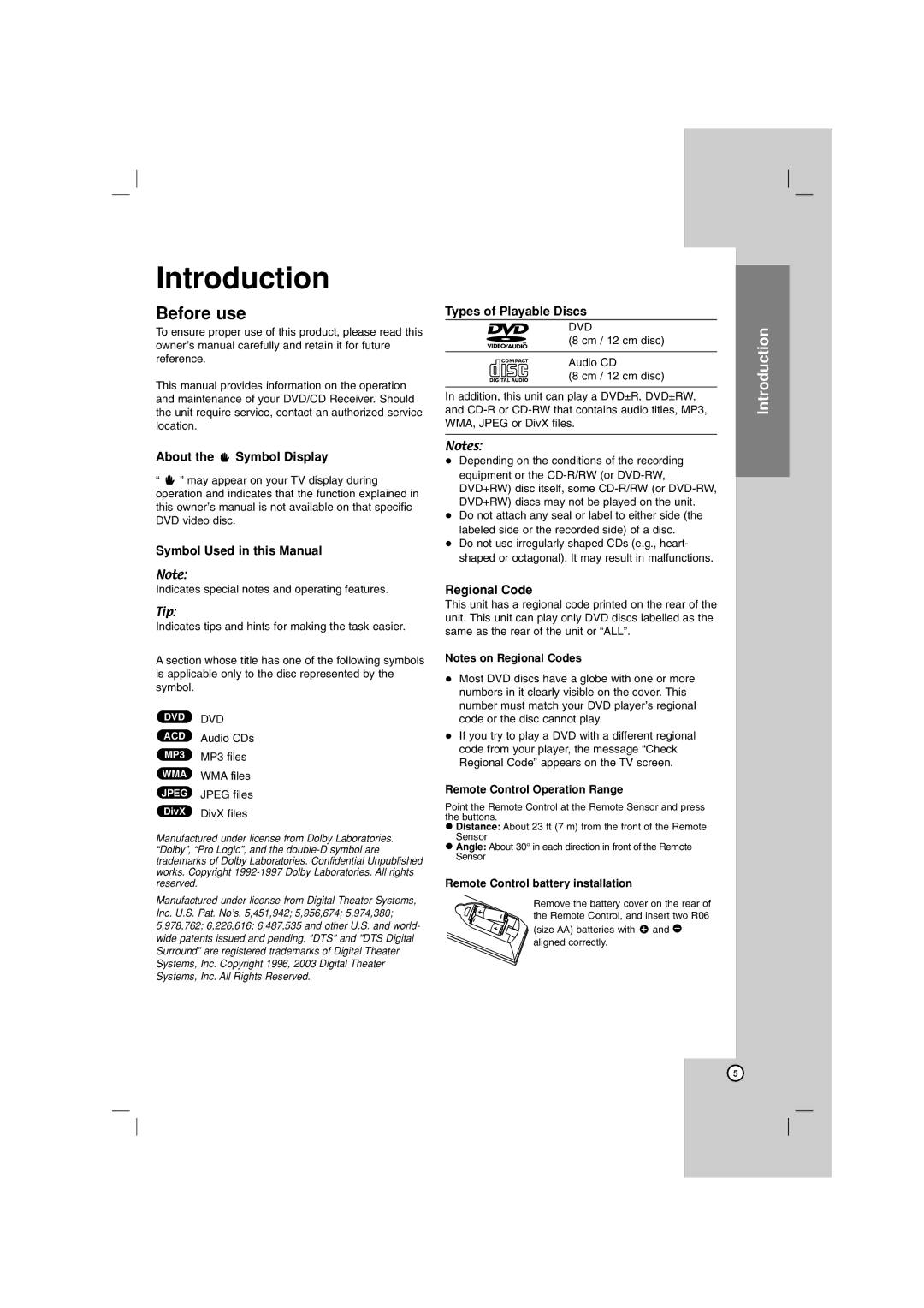 LG Electronics LG DVD Receiver Before use, About the Symbol Display Symbol Used in this Manual, Types of Playable Discs 