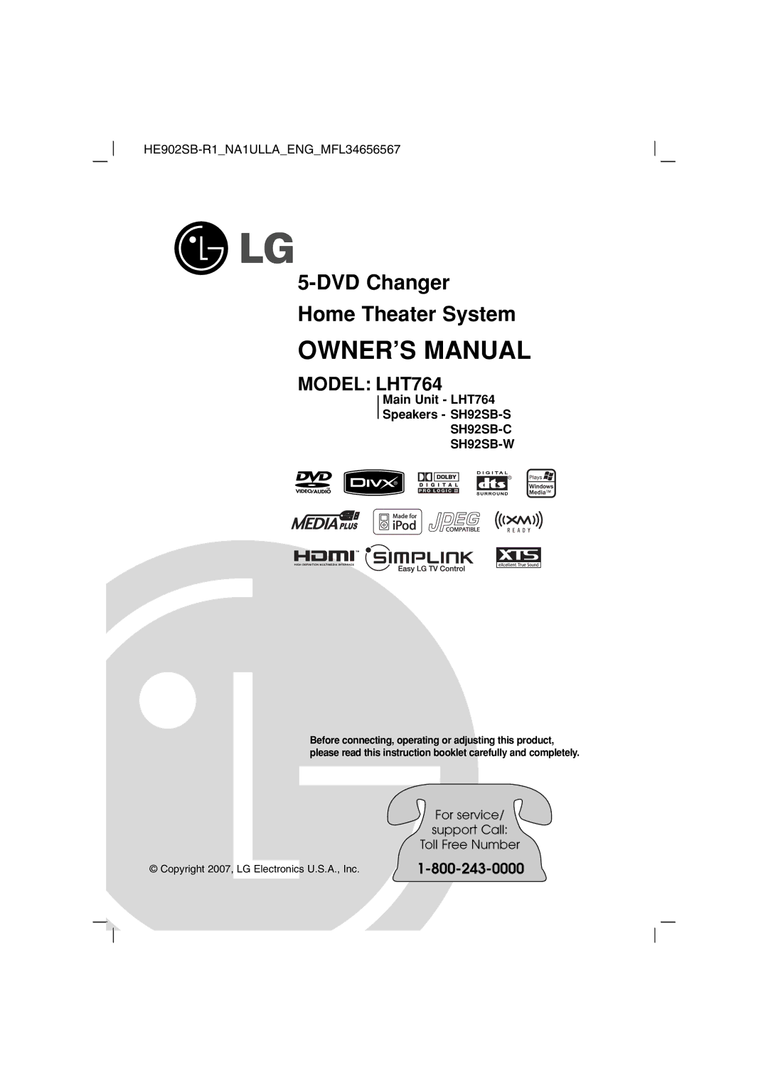 LG Electronics LHT764 owner manual DVD Changer Home Theater System 