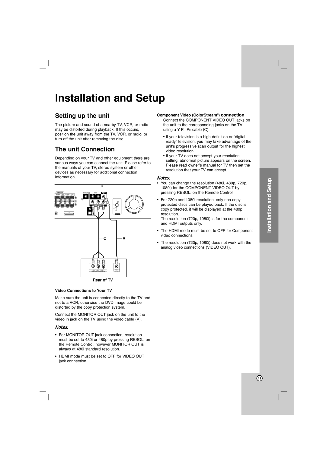 LG Electronics LHT764 owner manual Setting up the unit, Unit Connection, Component Video ColorStream connection 