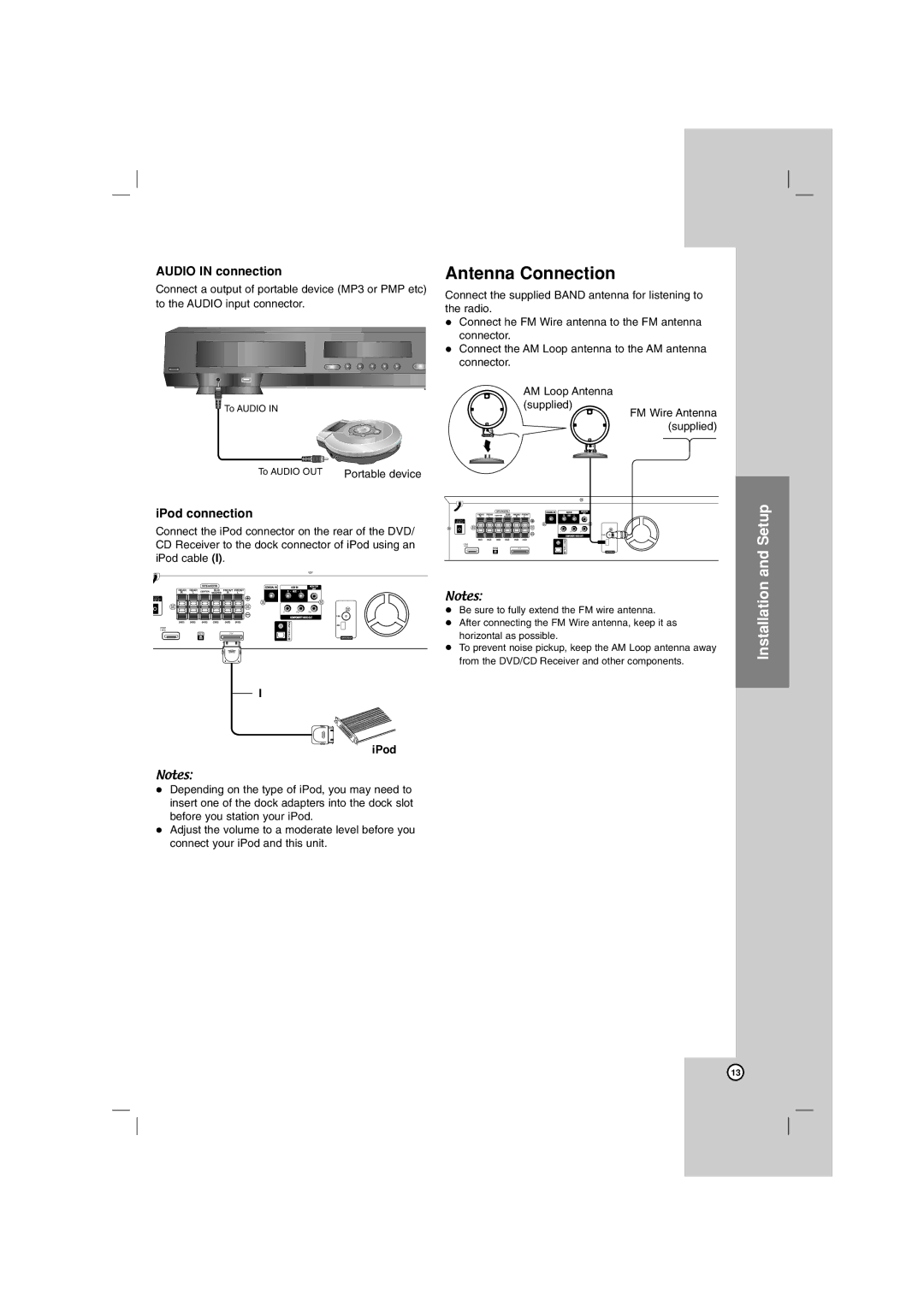 LG Electronics LHT764 owner manual Antenna Connection, Audio in connection, IPod connection 