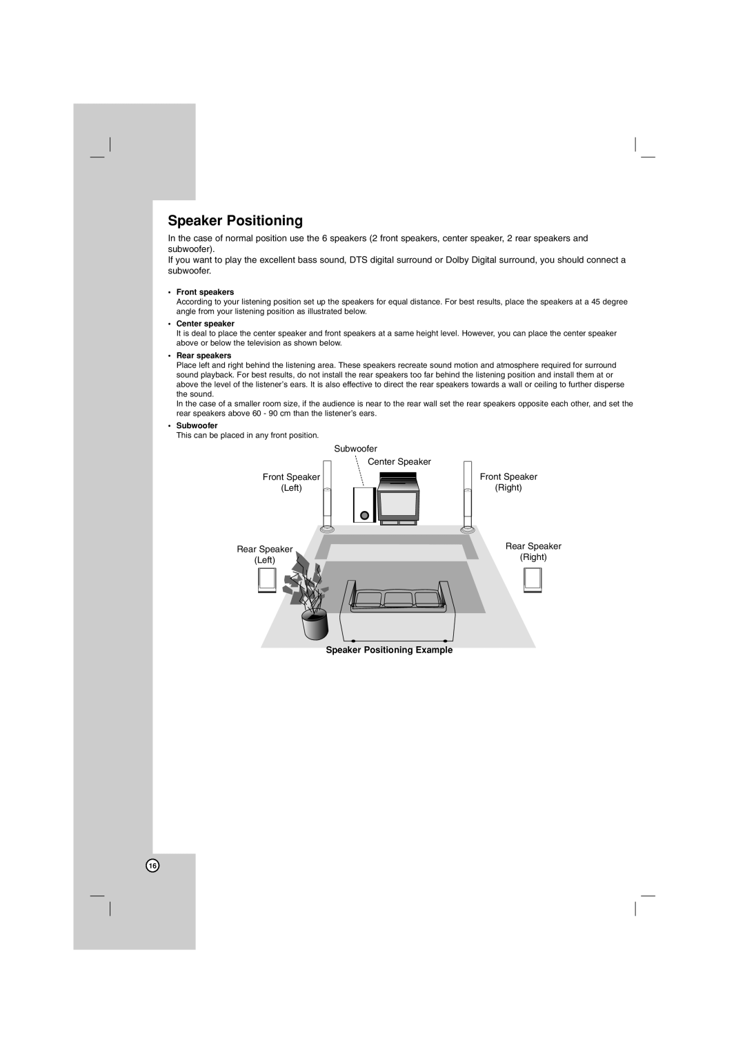 LG Electronics LHT764 owner manual Subwoofer Center Speaker Front Speaker Left Right, Speaker Positioning Example 